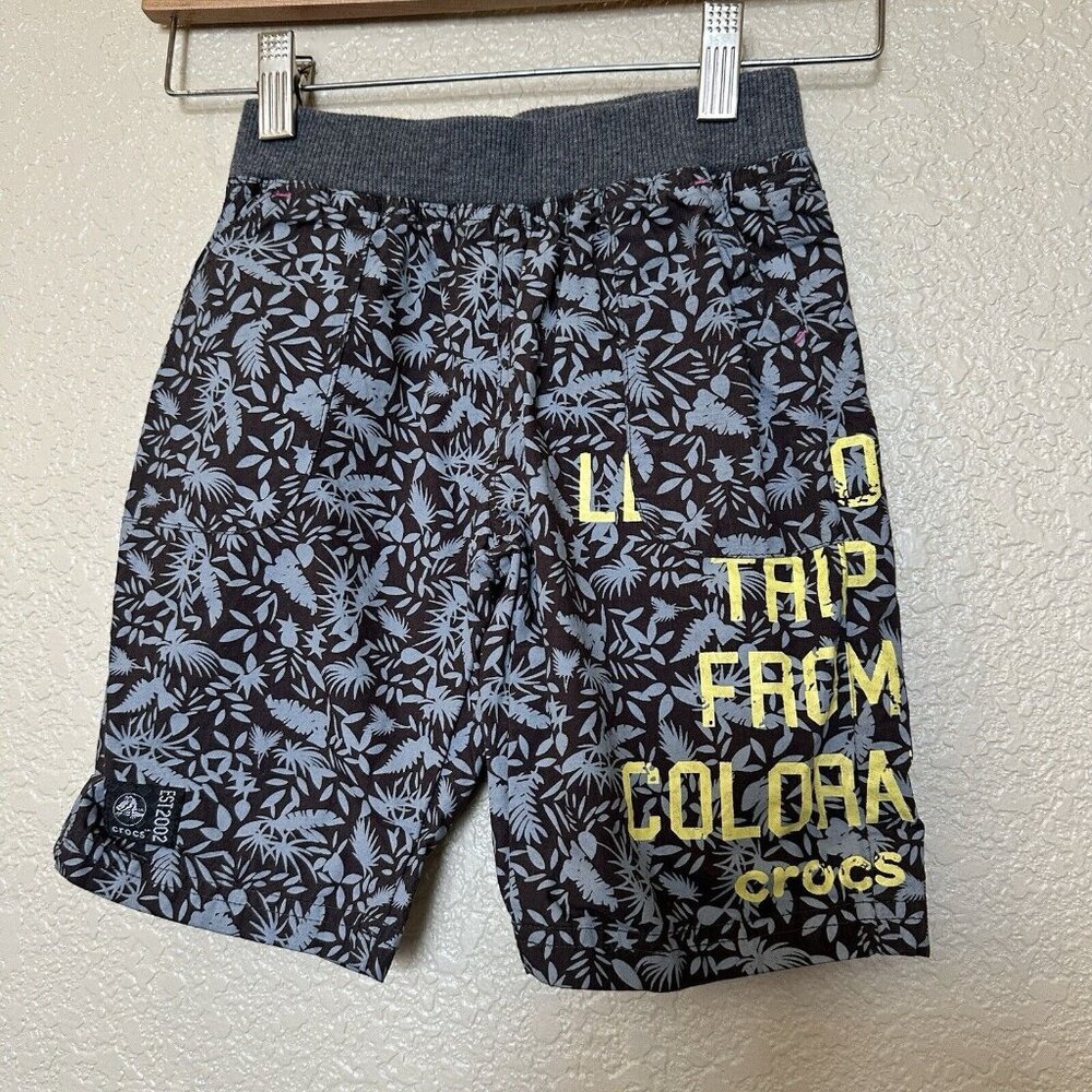 Crocs Boys Shorts Elastic Waist 110‎ 4-5 Grey Yellow Writing